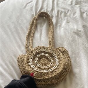 Beige Woven Shell-Embellished Tote Bag